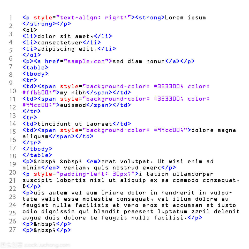 Html 简单网站代码向量。在开发人员视图的多彩标签。白色背景。随机部分程序代码